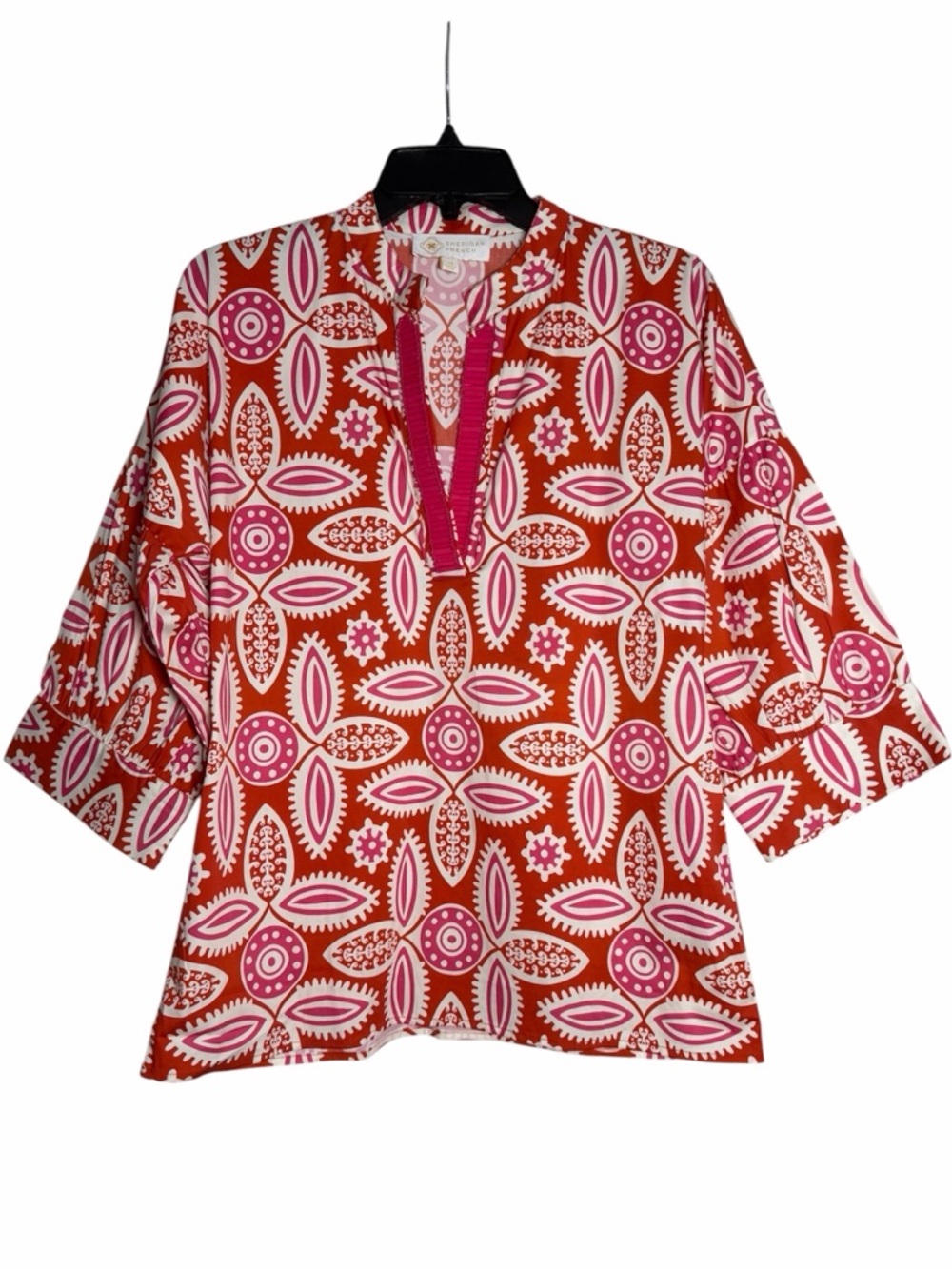 Sheridan French Beaded Statement Sleeve Orange Pink Abstract Design Blouse Top M